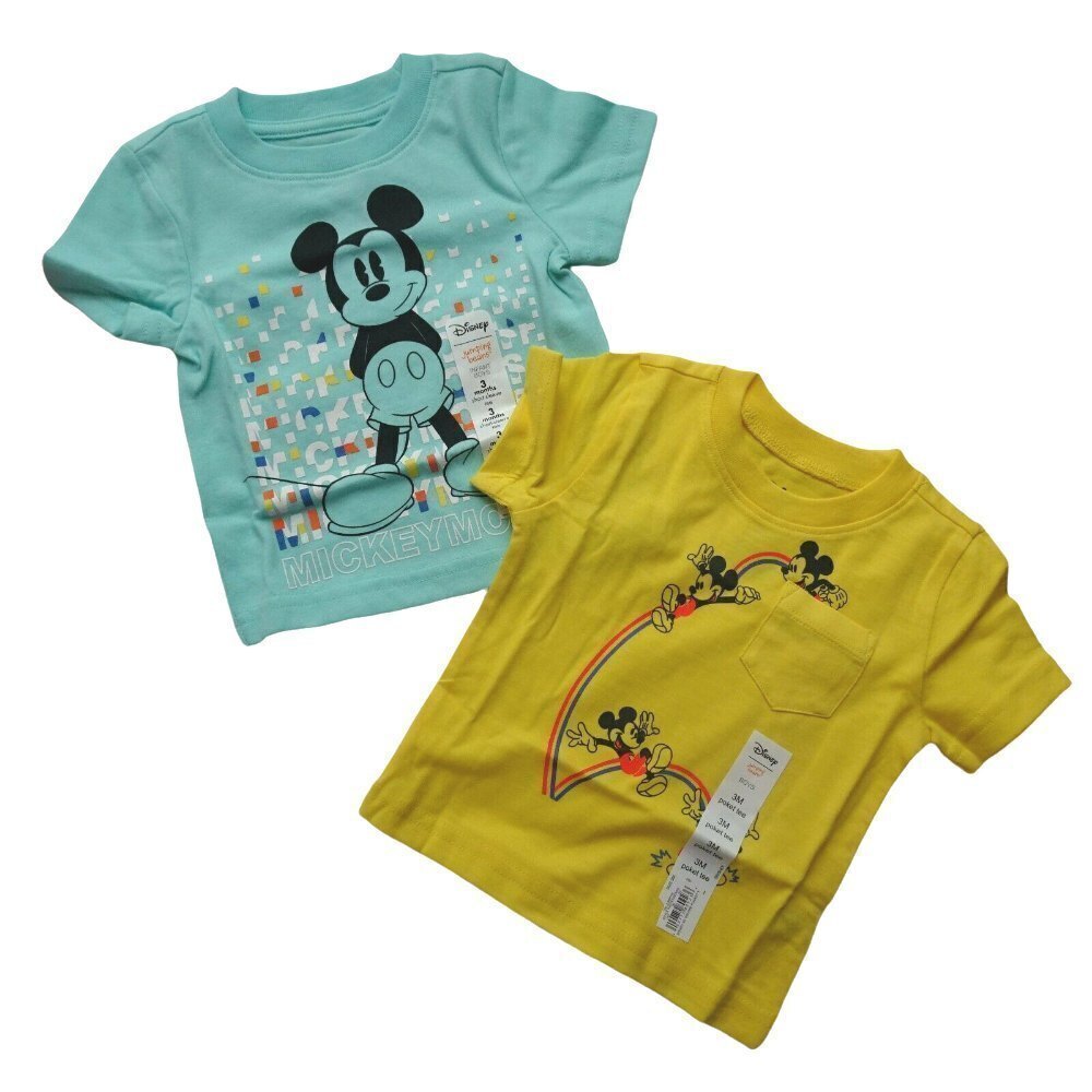 Lot of 2 Disney Mickey Mouse Tees Graphic T-Shirts Green Yellow Baby Infant 3 M